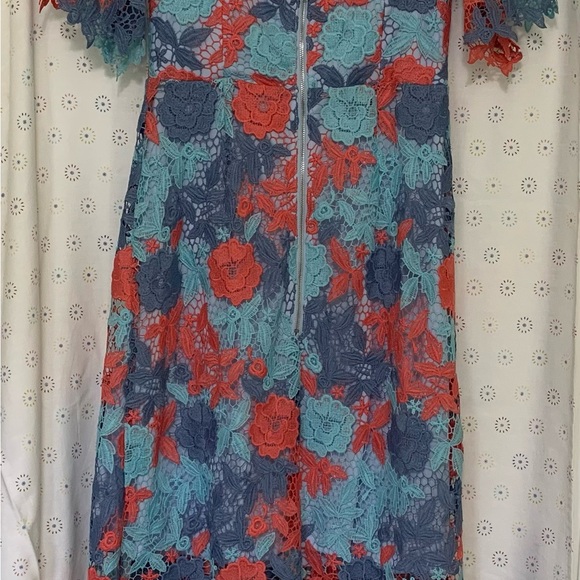 Sam Edelman Lace Dress Size 0 Pink Blue Lined Off On Shoulder Midi Pencil - Picture 7 of 9